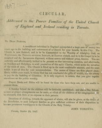 Circular, addressed to the poorer families of the United Church of England and Ireland residing in Toronto