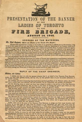 Presentation of the banner by the ladies of Toronto to the fire brigade, August 10, 1848