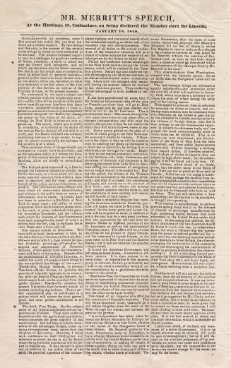 Mr. Merritt's speech at the hustings, St. Catharines, on being declared the member elect for Lincoln, January 10, 1848