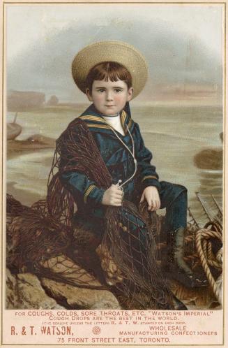 Illustration of a young boy in a sailor outfit sitting on a rock on the seashore holding a fish ...