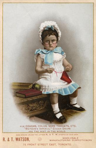 Illustration of a little
girl in a white dress with a blue petticoat, and a lacey collar. She i ...