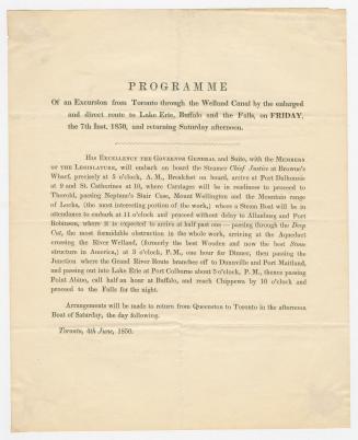 Programme of anexcursion from Toronto through the Welland Canal by the enlarged and direct route to Lake Erie, Buffalo and the falls : on Friday the 7th inst. 1850 and returning Saturday afternoon