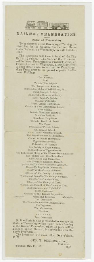 Railway celebration! : order of procession, to be observed at the ceremony for turning the first sod for the Ontario, Simcoe, and Huron Union Railroad