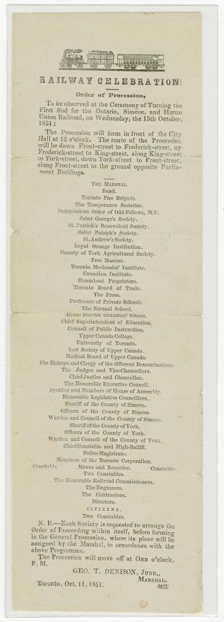 Railway celebration! : order of procession, to be observed at the ceremony for turning the first sod for the Ontario, Simcoe, and Huron Union Railroad