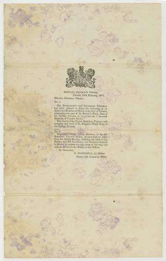 Militia general order : No. 1 : His Excellency the governor general has been pleased to direct the formation of an additional battalion of militia in the city of Toronto