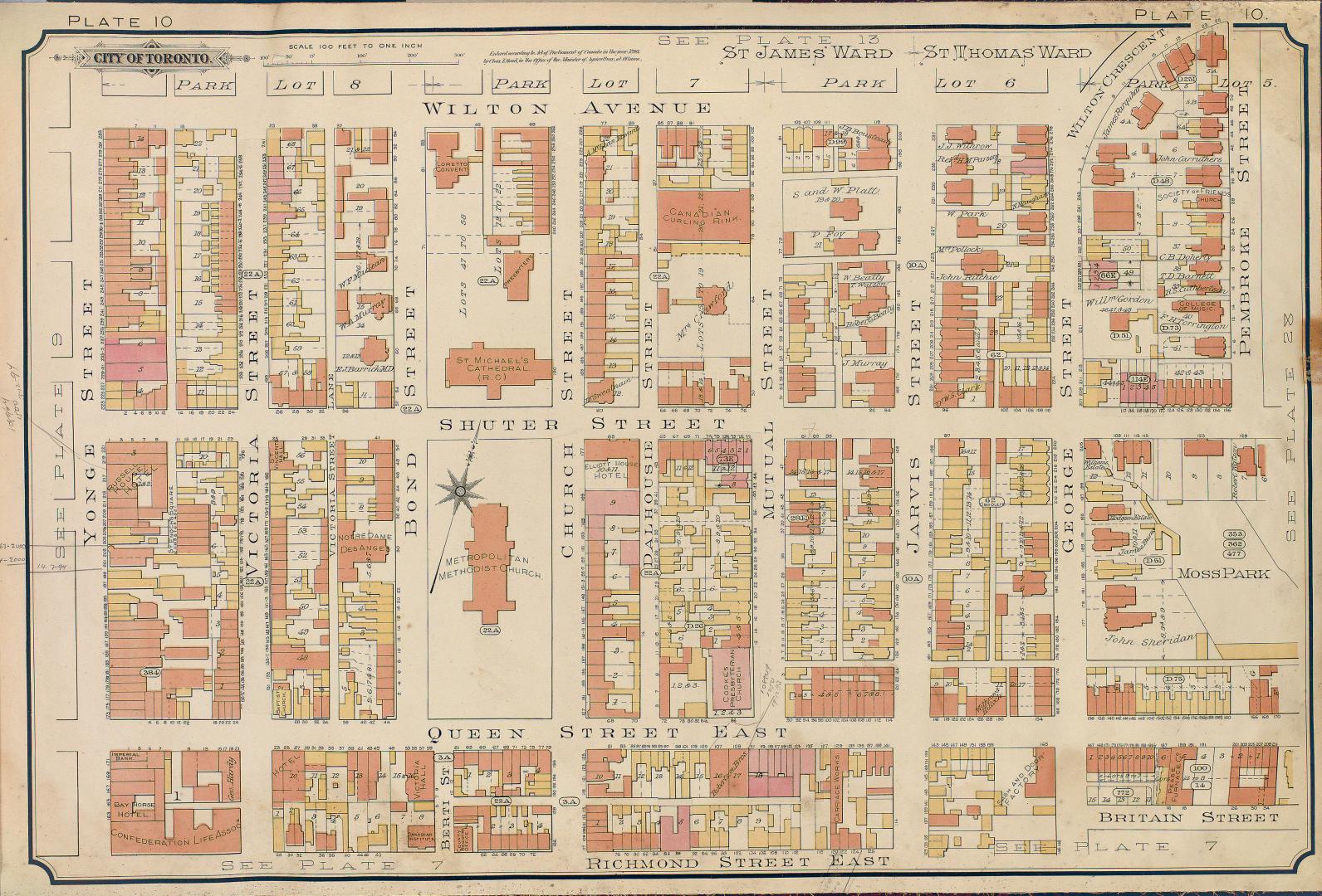 Atlas of the city of Toronto and vicinity from special survey founded on registered plans and showing all building and lot numbers.