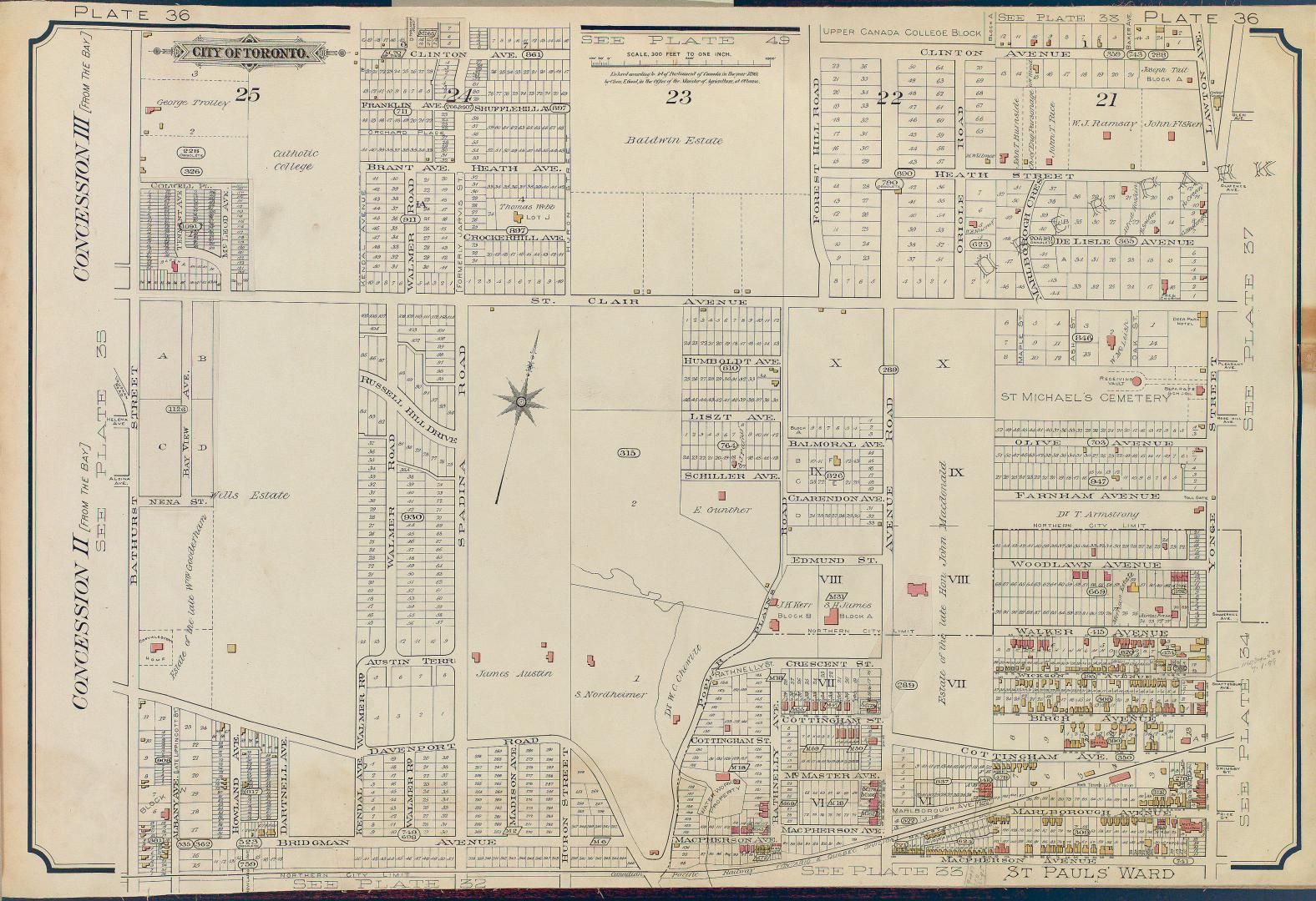 Atlas of the city of Toronto and vicinity from special survey founded on registered plans and showing all building and lot numbers.