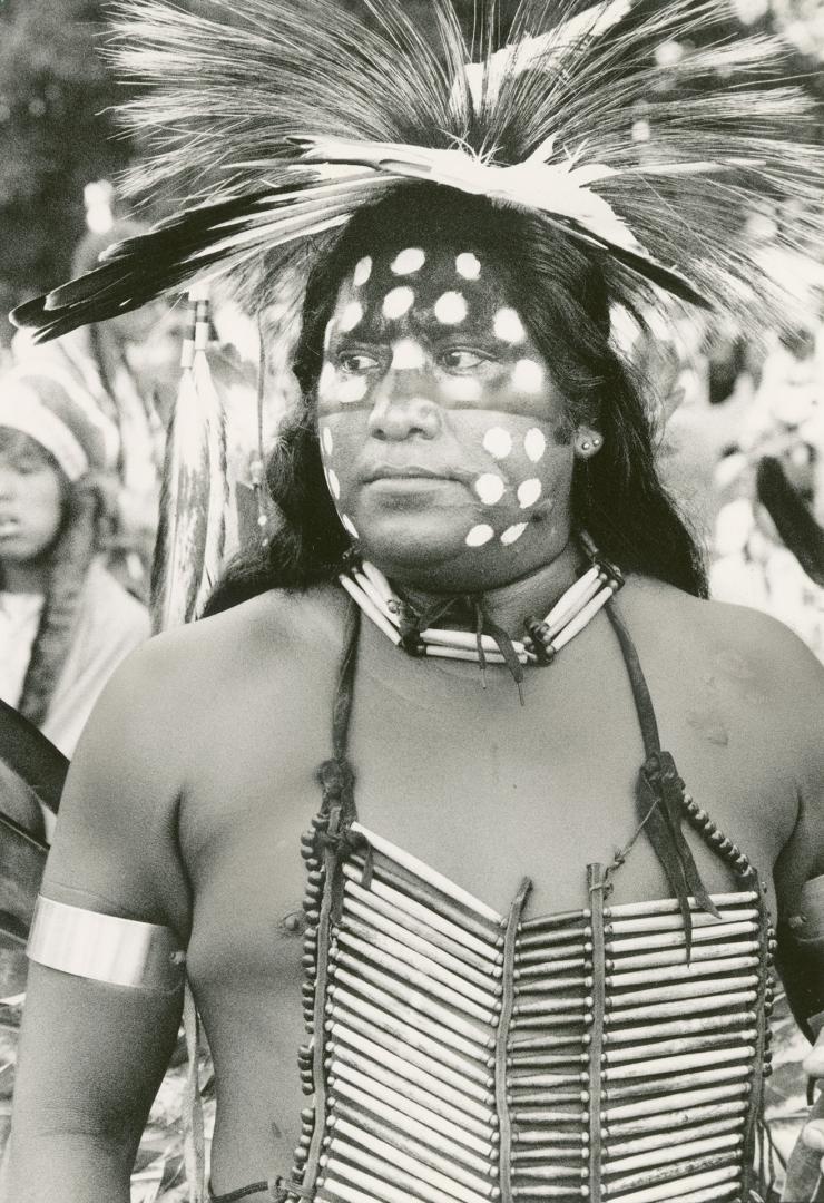 Proud heritage: Full tribal regalia and war paint were the order of the day at the seventh annual pow wow at Ohsweken, on the Six Nations Reserve near Brantford