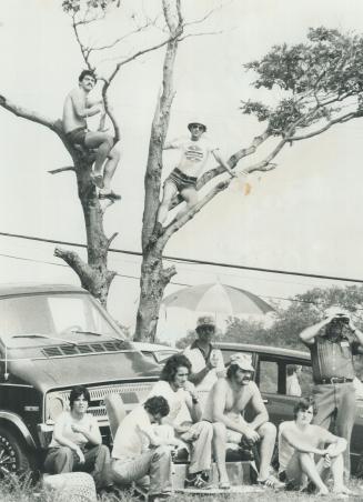 Getting above the crowd two men watch the races from a tree while a woman uses her perch on top of van to sunbathe