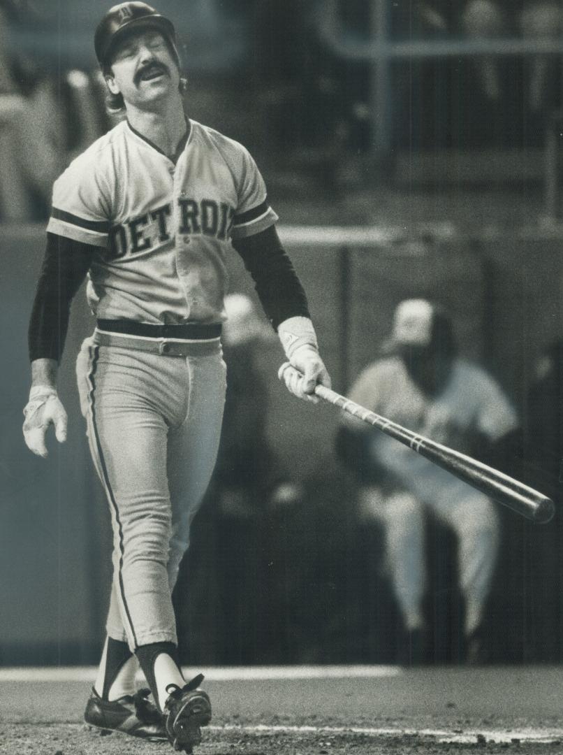 Gotcha! A disgusted Tom Brookens walks away from the plate after being struck out by Dave Stieb, right, during last night's game at Exhibition Stadium(...)