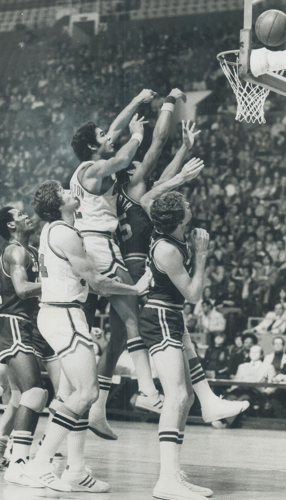 A forest of hands reaches up for a possible rebound during National  Basketball Association game between Buffalo Braves and New Orleans Jazz at  the Gar() – All Items – Digital Archive 
