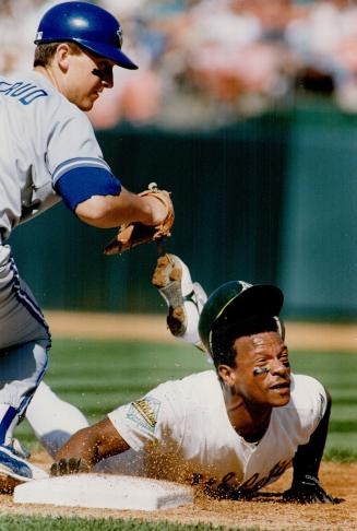 Right: Rickey makes a real pest of himself in games, running like the stolen base king of old