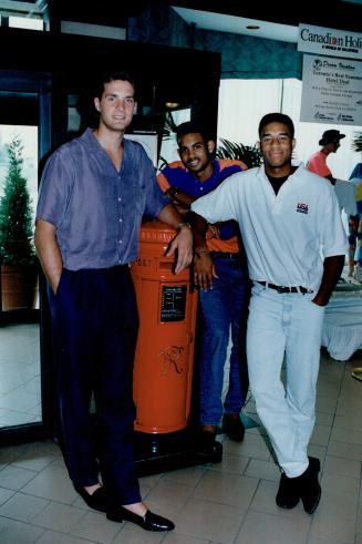 The dukes: The U.S. basketball team puts up its Dukes against Canada tonight. From left, Christian Laettner, Grant Hill and Thomas Hill