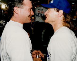 Left: Dave Stieb and Kelly Gruber enjoy the moment