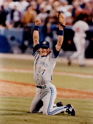 Winning whoop from Kelley Gruber as Mike Timlin fields bunt and tosses to Joe Carter for final out