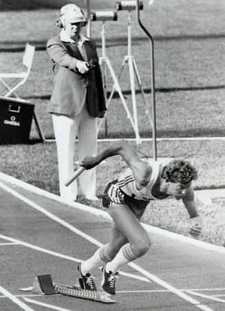 Dont shoot I'll go! ! Desai Williams of Canada started the first leg of the 4 x 100 metre relay heat I