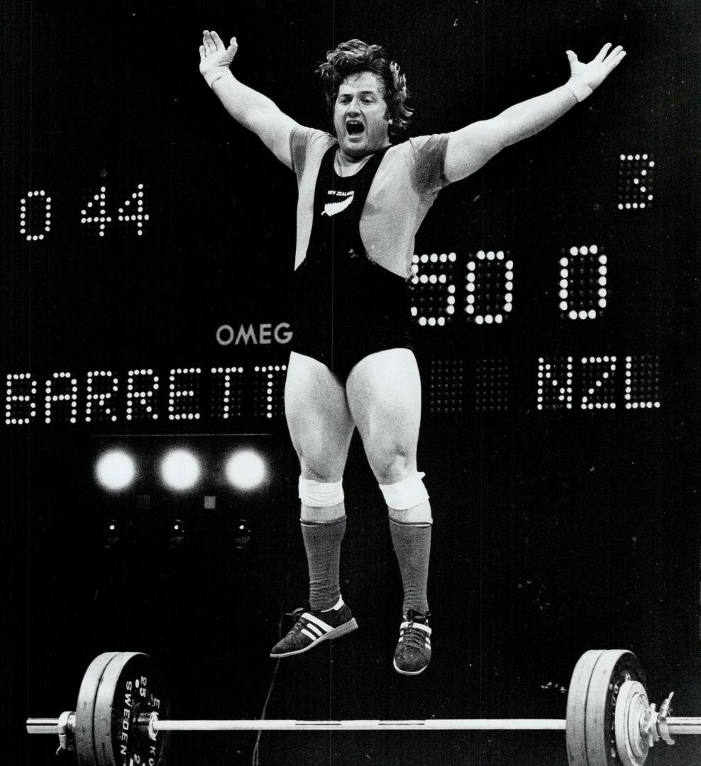 Weighlifting finals. Yahoo!!! John Barrett of New Zealand was so excited on this 150 kg lift in the snatch but blew his chance to beat Prior when he w(...)
