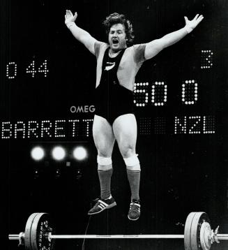 Weighlifting finals. Yahoo!!! John Barrett of New Zealand was so excited on this 150 kg lift in the snatch but blew his chance to beat Prior when he w(...)