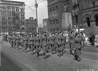 Canadian Women's Army Corps reunion, parade past cenotaph at Old City Hall