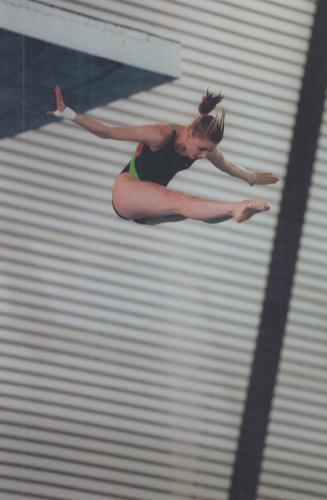Hair-raising dive. With her hair tossed up in her descent, Anna Dacyshyn of the U of T puts together a good dive yesterday at Canadian senior winter d(...)