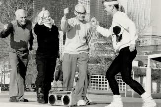 All we need is snow! Fitness appraiser Janine Cator directs (from left) Bruce Lehman, Anna Tracey and Les Digby in warmup exercises for cross-country (...)