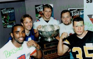 Cup competitiors: Players Andre Batson, left, from York, Zach Treanor of Wilfrid Laurier, Tom Hipsz from U of T, Mathew Kalinowski of McMaster and Tony Garland, Waterloo aim to win the Vanier Cup