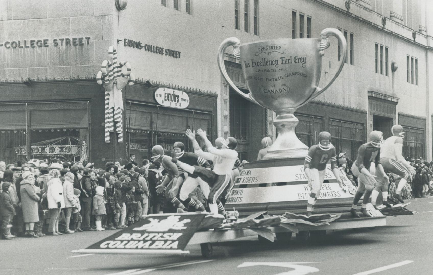 Massive British Columbia float in Parade Depicted the Grey cup