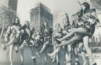 Kicking off the Grey cup hoopla today, the nine contestants for the Miss Grey Cup title form a kick line before a parade from O'Keefe Centre to City H(...)
