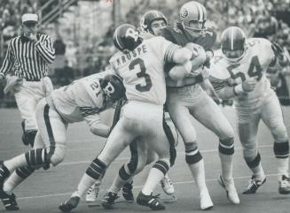 The gang's all here . . .the Ottawa gang. Calvin Harrell, Eskimos' young running back, is surrounded by Ottawa tacklers as he is stopped for little ya(...)