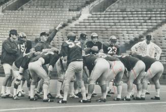 Even the coaches get into the act in Argonauts' controlled scrimmage at CNE Stadium Saturday as they exhort their charges during huddle. Quarteback Jo(...)