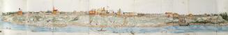 A watercolour painting of a shoreline scene with boats and canoes in the foreground and the bui ...