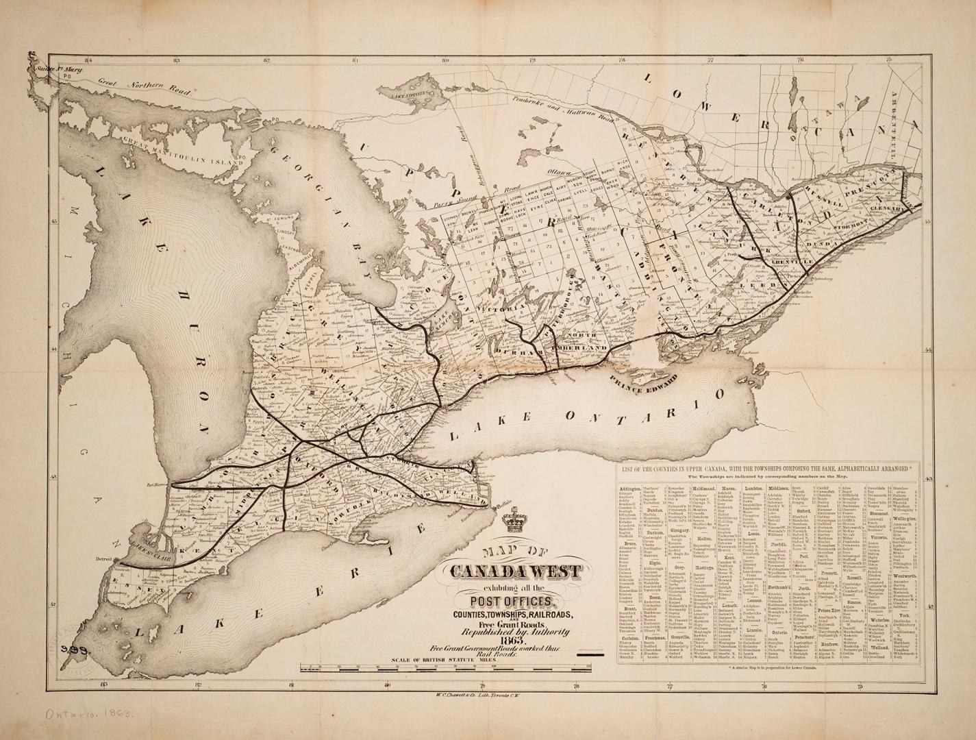 Map of Canada West exhibiting all the post offices, counties, railroads, and free grant roads, republished by authority 1863