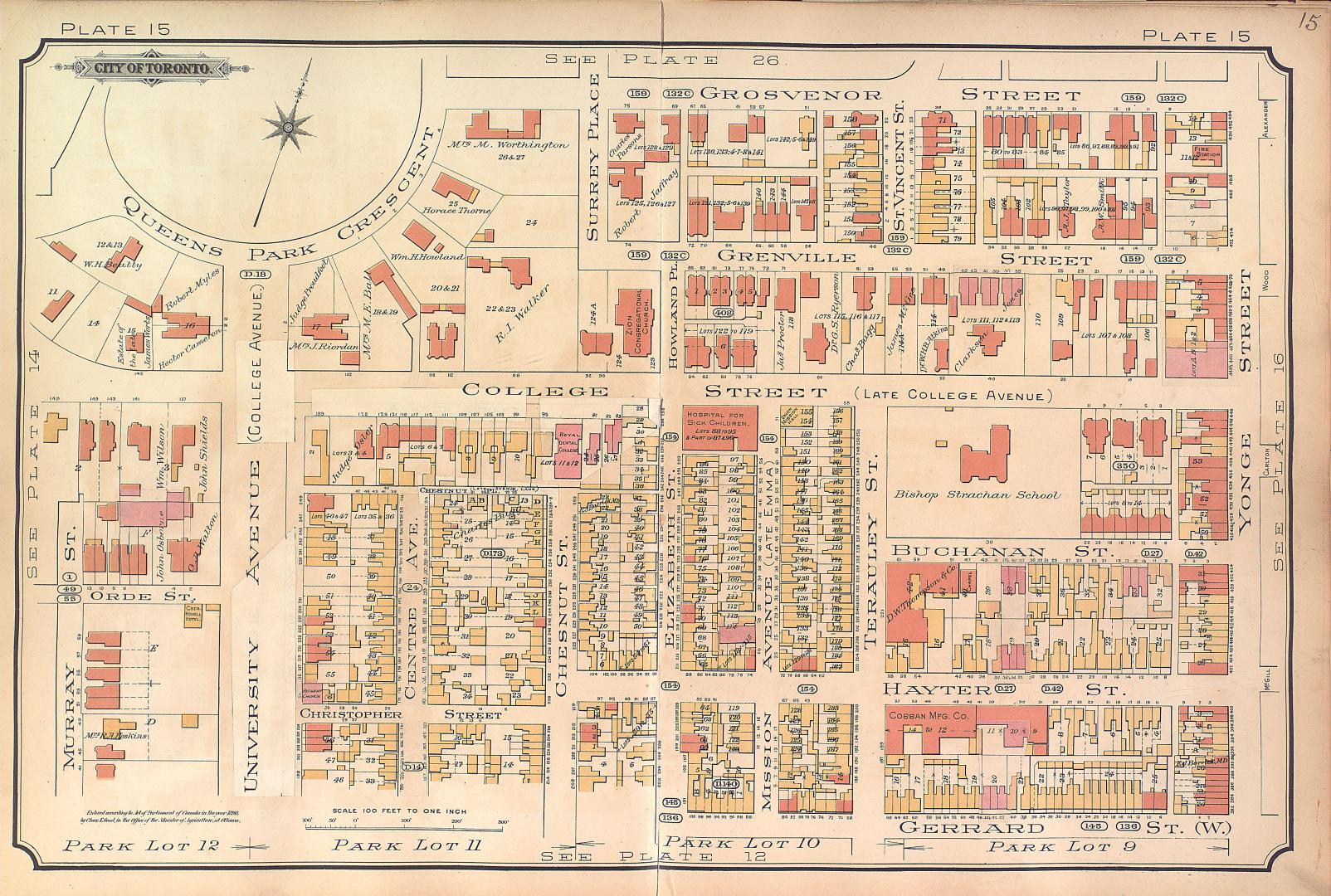 Atlas of the city of Toronto and vicinity from special survey founded on registered plans and showing all building and lot numbers.