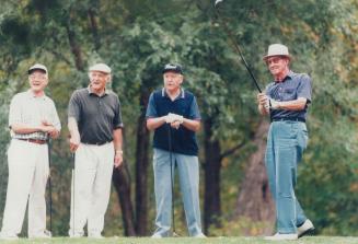 Swingers: From right, Ray Scott, 94, tees off while Alfie Attwell, 76, Paul Hottman, 71, and Blake McAdam, 75, admire his shot