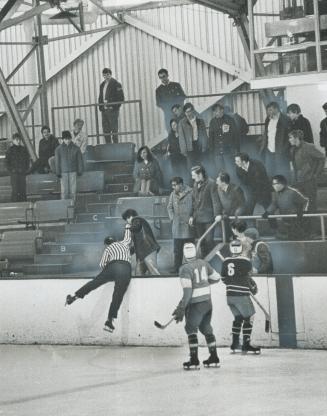 Referee Strikes Back, Leaping high off the ice, referee Bob Fryday throws a solid punch at an obstreperous fan yesterday during collegiate league game(...)