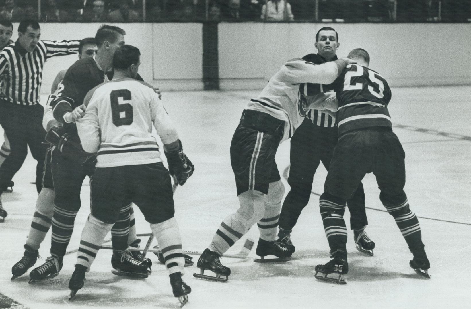 John Ferguson, Matt Paolich, Jean-Guy Talbot, Pete Stemkowski, Ralph Backstrom (6), Terry Harper, Linesman Brent Casselman, Orland Kurtenback