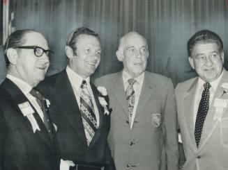 Chuck rayner (right), former New York Ranger goalie, joins new members of Hockey Hall of Fame (left to right), Senator Hartland Molson and Frank Udvar(...)