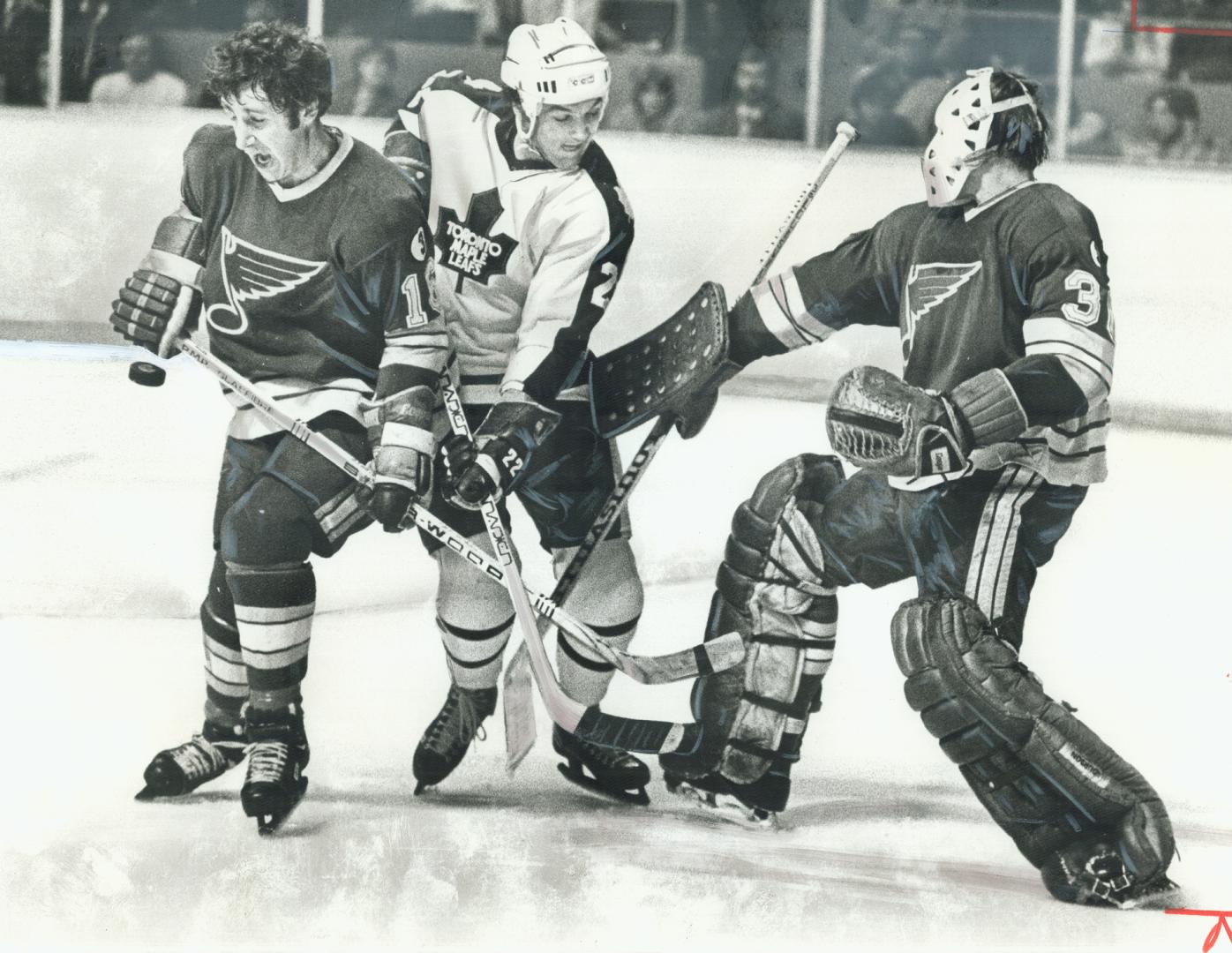 Fingertip Control? St. Louis Blues' defenceman Rod Seiling has his hands full last night against Maple Leafs. He has Dave (Tiger) Williams to contend (...)