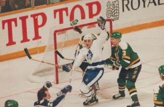 One down . . . Daniel Marois celebrates after Vince Damphousse opened the scoring for the Leafs in the first. The Stars struck back for two quick ones