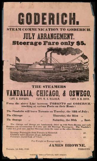 Poster advertising steerage fare between Goderich and Toronto