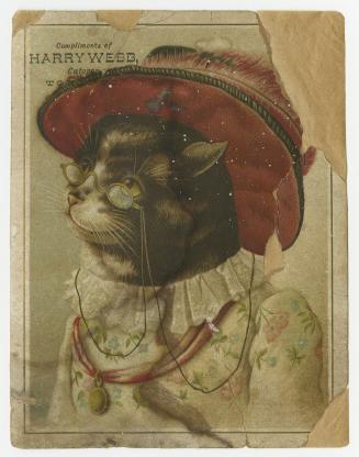 Whimsical illustration of a cat wearing a flowered dress with a lacey collar, a pink ribbon wit ...