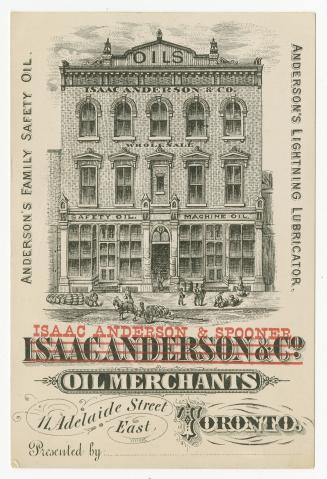 Illustration of the exterior of the Isaac Anderson & Company building. On the street in front i ...