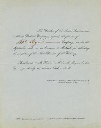The directors of the St. Lawrence and Atlantic Railroad Company, request the pleasure of [Mr. Nye's] Company, on the 11th September