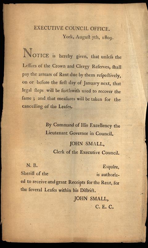 Executive Council Office York, August 7, 1809 Notice is hereby given that unless the Lessees of the Crown and Clergy Reserves shall pay ...
