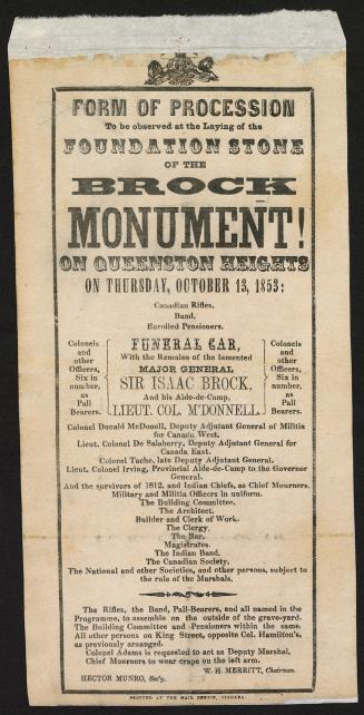 Form of procession to be observed at the laying of the foundation stone of the Brock monument! : on Queenston Heights on Thursday, October 13, 1853