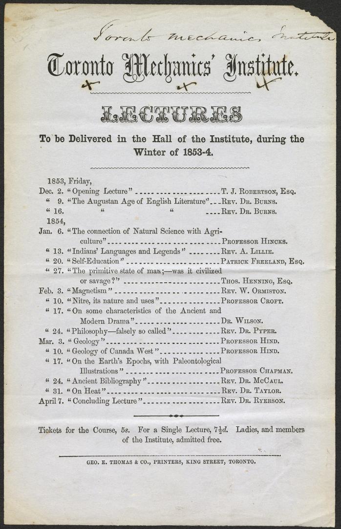 Toronto Mechanics' Institute : lectures to be delivered in the hall of the Institute during the winter of 1853-4