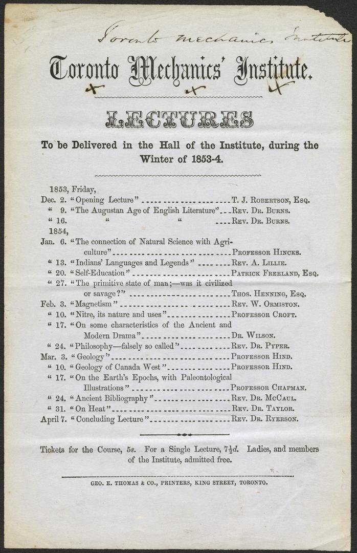 Toronto Mechanics' Institute : lectures to be delivered in the hall of the Institute during the winter of 1853-4
