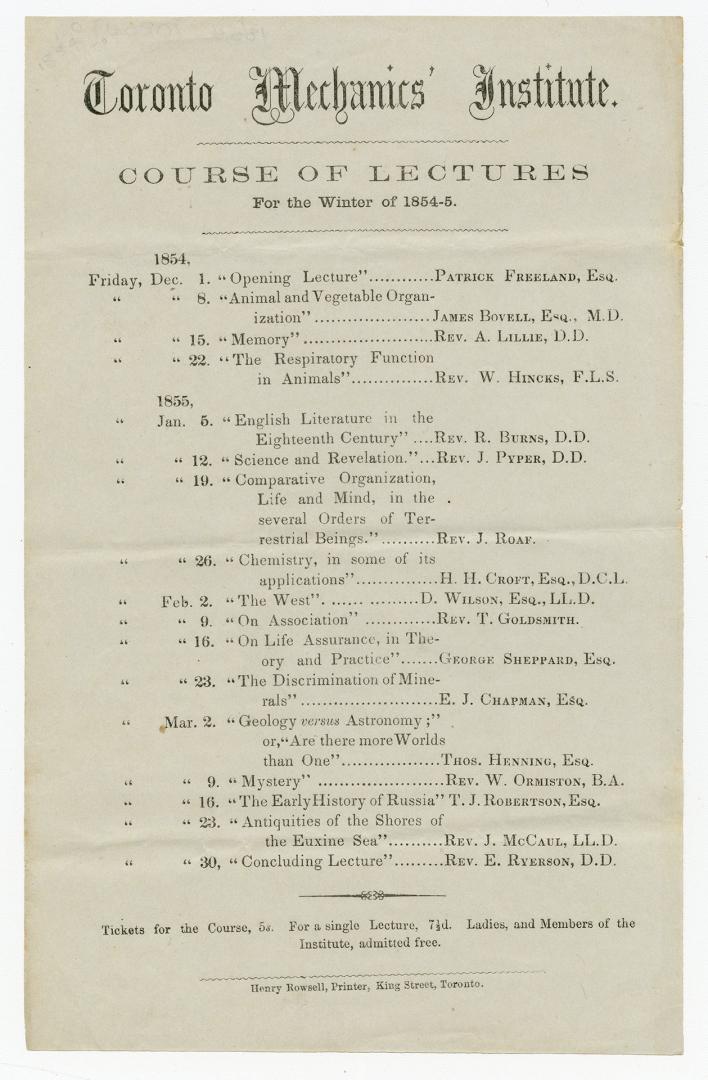 Toronto Mechanics' Institute : course of lectures for the winter of 1854-5
