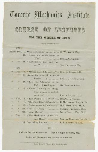 Toronto Mechanics' Institute : course of lectures for the winter of 1855-6