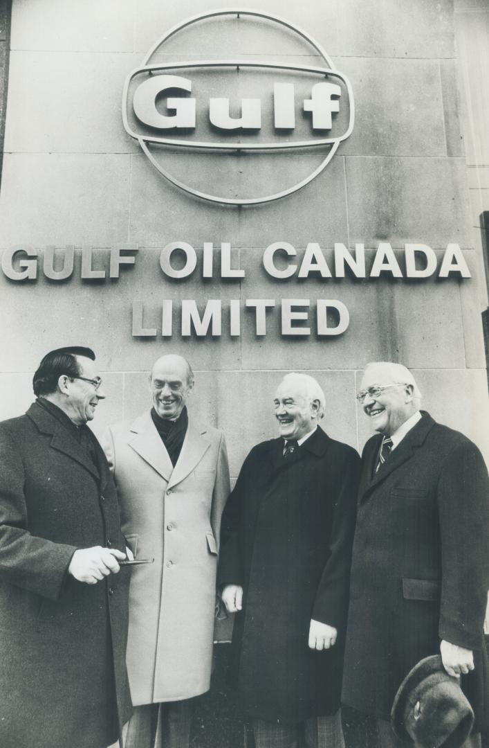 Gulf Canada. Left to Right: John Stoik, President Clarence Shepard, Chief Executive Lorenz Blaser, Exec V-P Jerry McAfee Former President